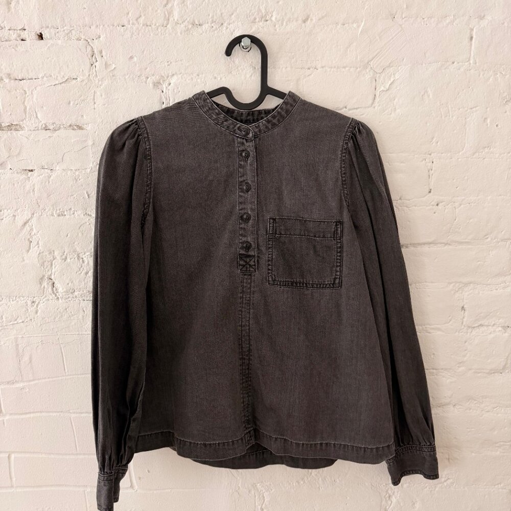 Madewell denim button collarless blouse